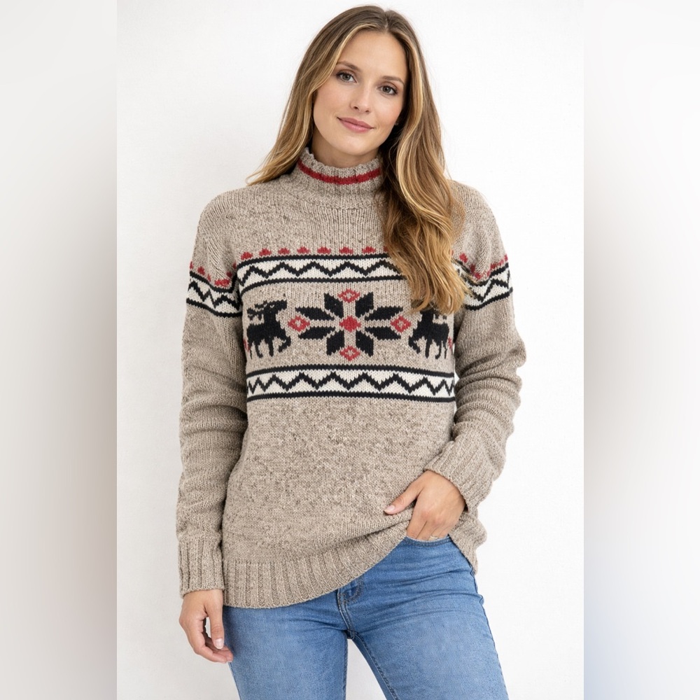 Vintage 80s Eddie Bauer Silk Blend Reindeer Mockneck Sweater Grandpa Style - SP